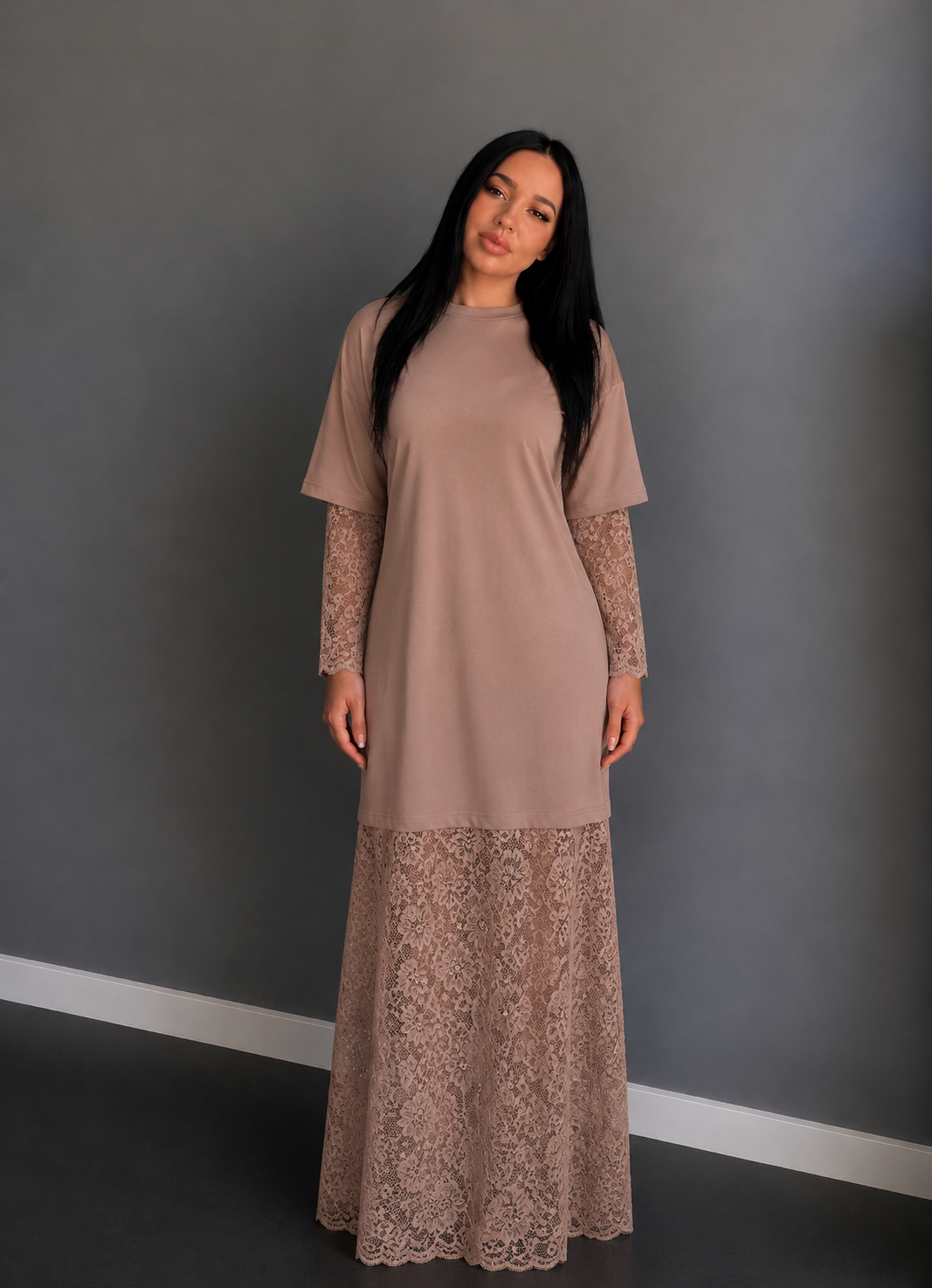 Robe tshirt Dentelle Beige